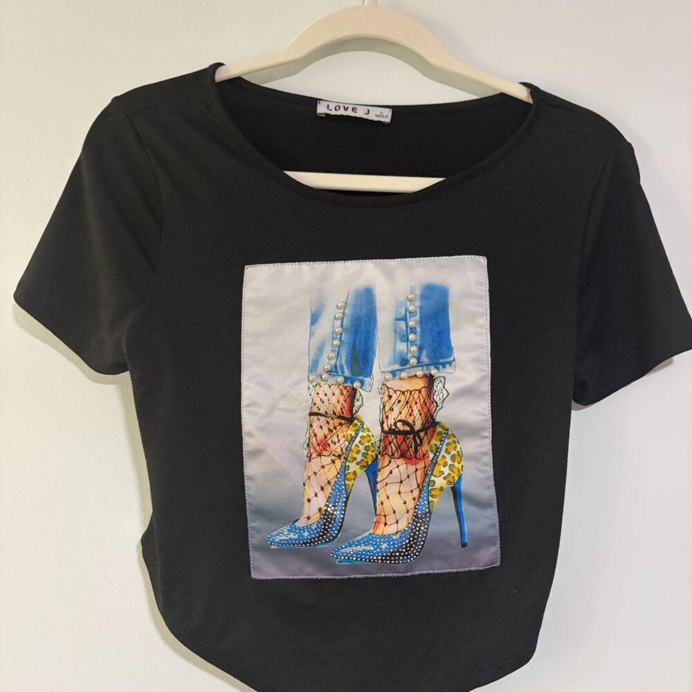 Love J Black Open Back Tie Handkerchief Hem High Heels Graphic Crop Top L